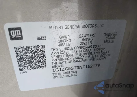 2022 Chevrolet Malibu Fwd 1Fl z USA, uszkodzony, nr VIN 1G1ZC5ST0NF152179